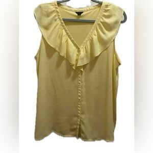 Ann Taylor Women’s Large Light Yellow Ruffle V-Neck Mixed Media Shell
